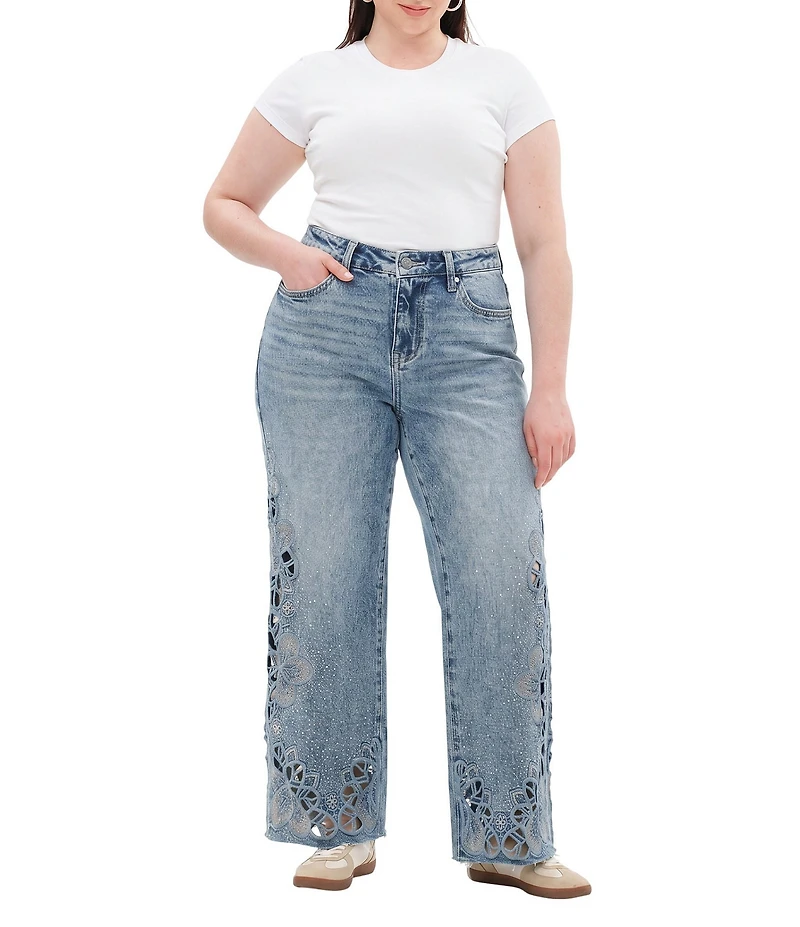 Bayeas Plus Size Denim Flower Laser Cut Mesh Rhinestone Detail Wide Leg Jeans