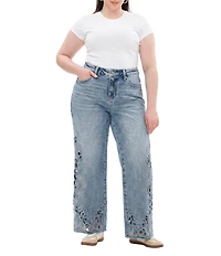Bayeas Plus Size Denim Flower Laser Cut Mesh Rhinestone Detail Wide Leg Jeans