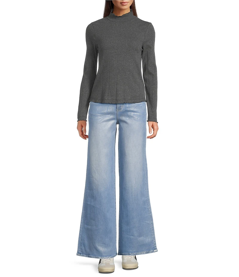 Bayeas Silver Coated Stretch Denim Mid Rise Wide Leg Ankle Length Jeans