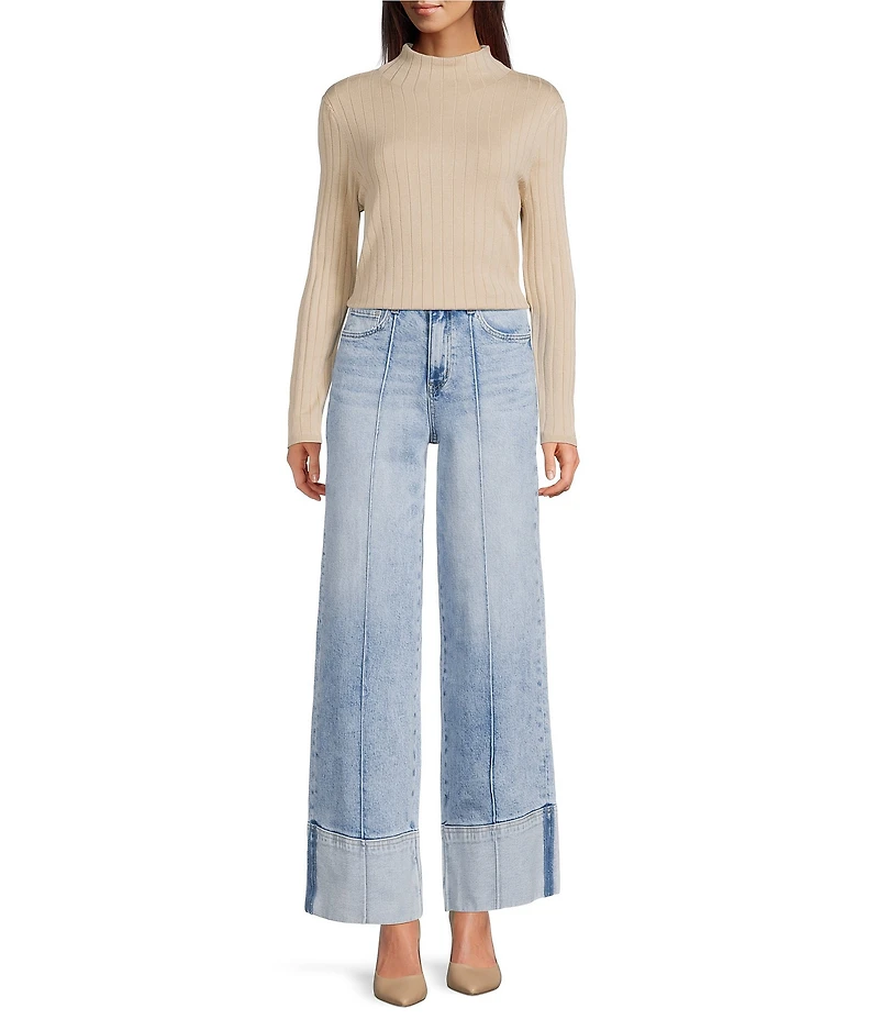 Bayeas Stretch Denim Folded Cuff High Rise Wide Leg Jeans