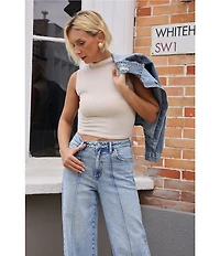 Bayeas Stretch Denim Folded Cuff High Rise Wide Leg Jeans