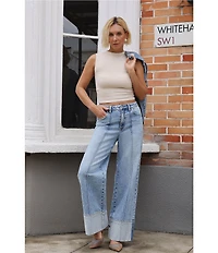 Bayeas Stretch Denim Folded Cuff High Rise Wide Leg Jeans