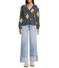 Bayeas Stretch Denim Folded Cuff High Rise Wide Leg Jeans