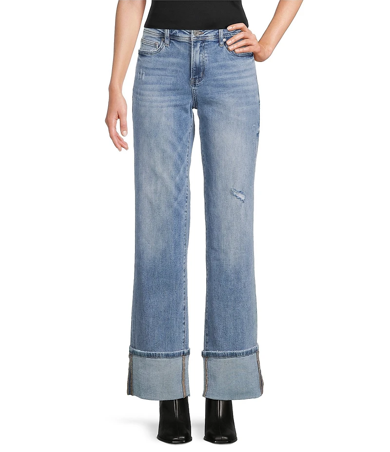 Bayeas Stretch Denim High Rise Cuffed Straight Leg Jeans