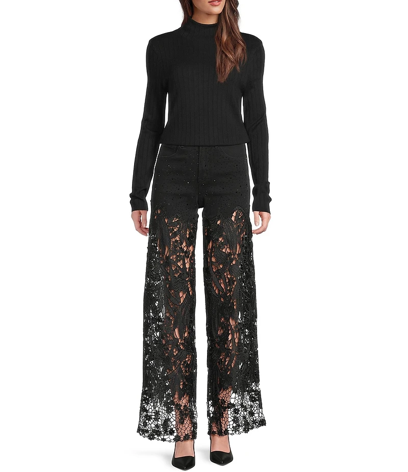 Bayeas Stretch Denim High Rise Lace Embellished Wide Leg Ankle Jeans