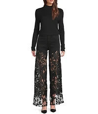 Bayeas Stretch Denim High Rise Lace Embellished Wide Leg Ankle Jeans