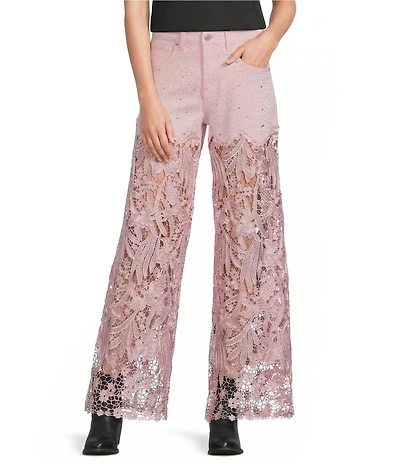 Bayeas Stretch Denim High Rise Lace Embellished Wide Leg Ankle Jeans