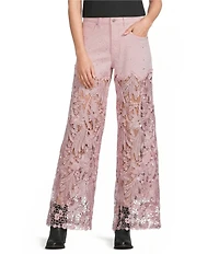 Bayeas Stretch Denim High Rise Lace Embellished Wide Leg Ankle Jeans