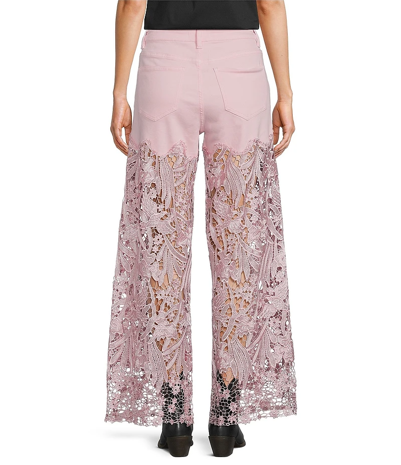 Bayeas Stretch Denim High Rise Lace Embellished Wide Leg Ankle Jeans