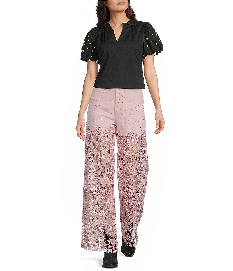 Bayeas Stretch Denim High Rise Lace Embellished Wide Leg Ankle Jeans