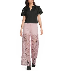 Bayeas Stretch Denim High Rise Lace Embellished Wide Leg Ankle Jeans