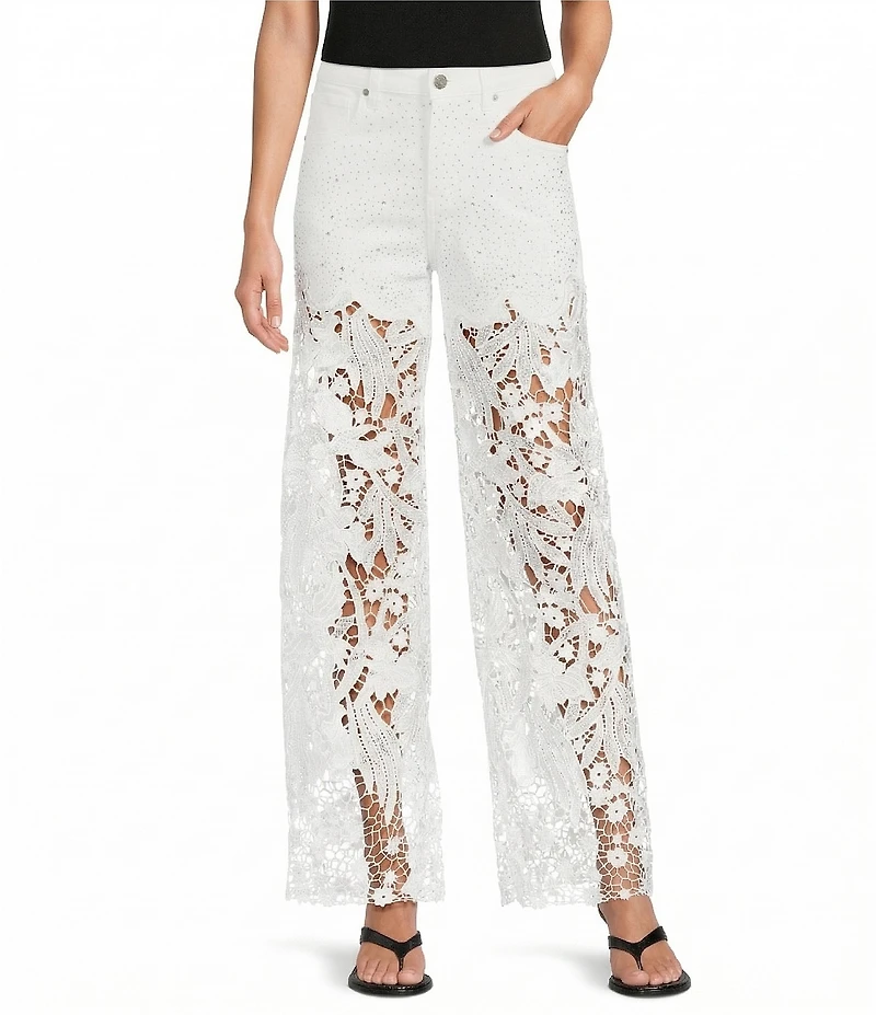 Bayeas Stretch Denim High Rise Lace Embellished Wide Leg Ankle Jeans