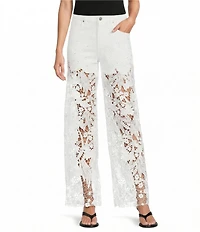 Bayeas Stretch Denim High Rise Lace Embellished Wide Leg Ankle Jeans