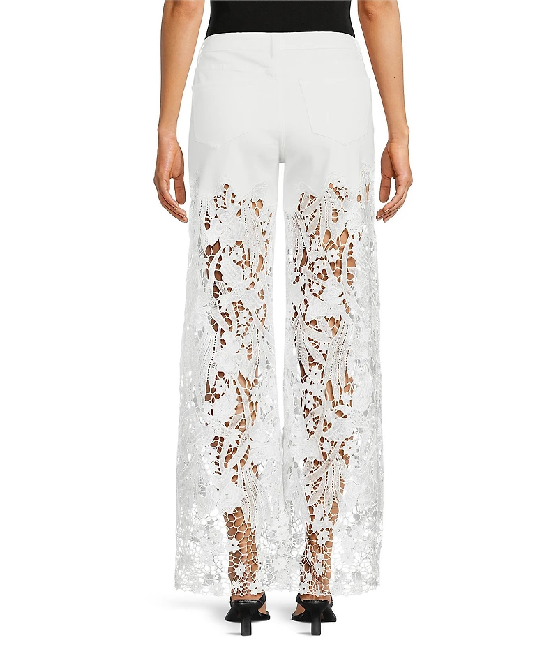 Bayeas Stretch Denim High Rise Lace Embellished Wide Leg Ankle Jeans