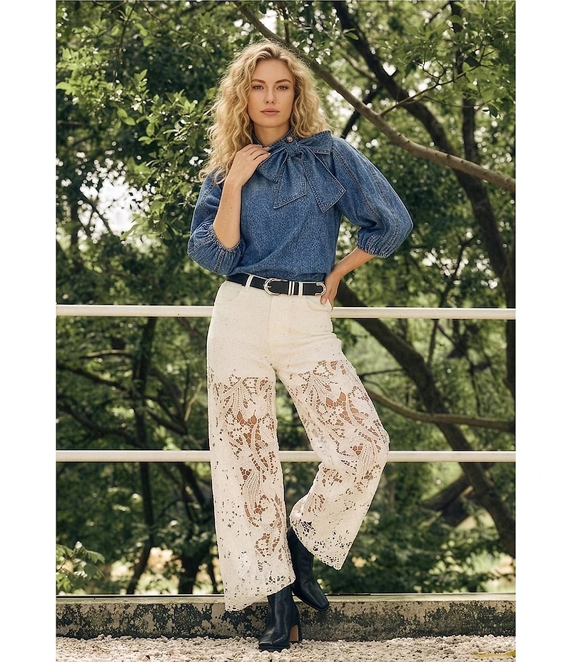Bayeas Stretch Denim High Rise Lace Embellished Wide Leg Ankle Jeans