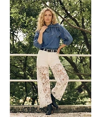 Bayeas Stretch Denim High Rise Lace Embellished Wide Leg Ankle Jeans