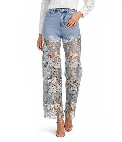 Bayeas Stretch Denim High Rise Lace Embellished Wide Leg Ankle Jeans