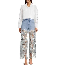 Bayeas Stretch Denim High Rise Lace Embellished Wide Leg Ankle Jeans