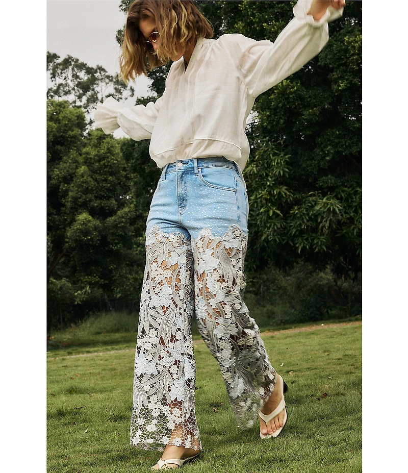 Bayeas Stretch Denim High Rise Lace Embellished Wide Leg Ankle Jeans