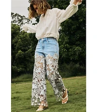 Bayeas Stretch Denim High Rise Lace Embellished Wide Leg Ankle Jeans