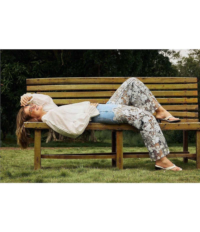 Bayeas Stretch Denim High Rise Lace Embellished Wide Leg Ankle Jeans