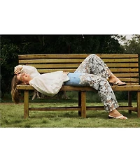 Bayeas Stretch Denim High Rise Lace Embellished Wide Leg Ankle Jeans