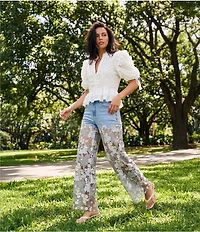 Bayeas Stretch Denim High Rise Lace Embellished Wide Leg Ankle Jeans