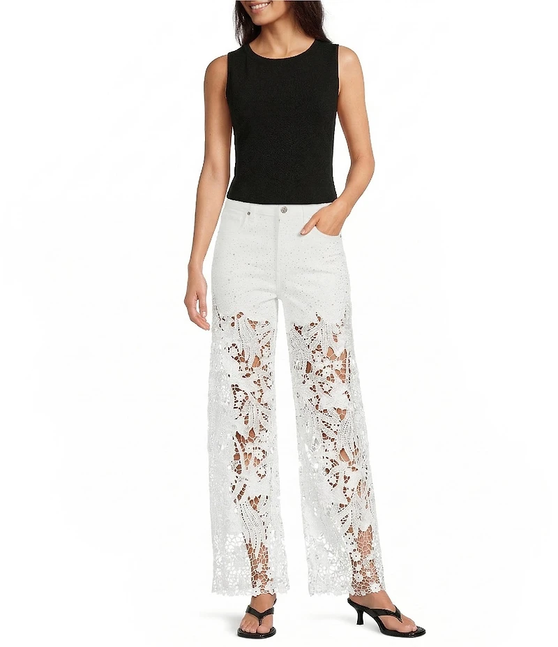 Bayeas Stretch Denim High Rise Lace Embellished Wide Leg Ankle Jeans
