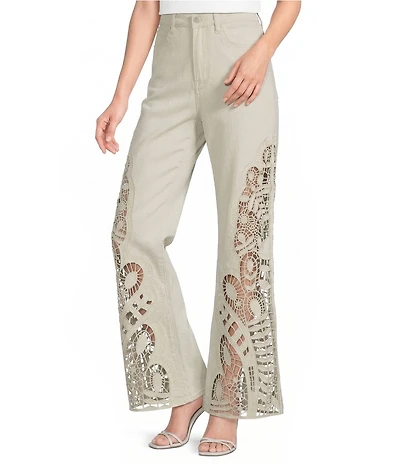 Bayeas Stretch Denim High Rise Laser Cut Wide Leg Jeans