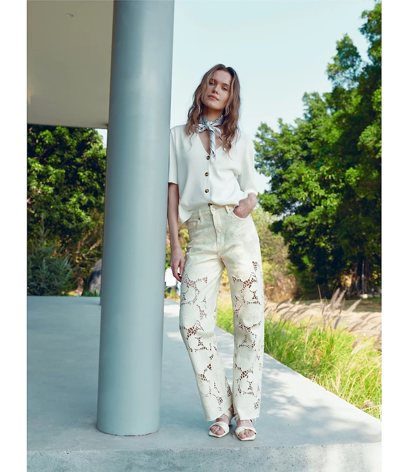 Bayeas Stretch Denim Lace High Rise Wide Leg Jeans