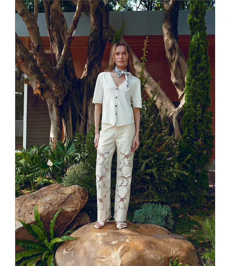 Bayeas Stretch Denim Lace High Rise Wide Leg Jeans