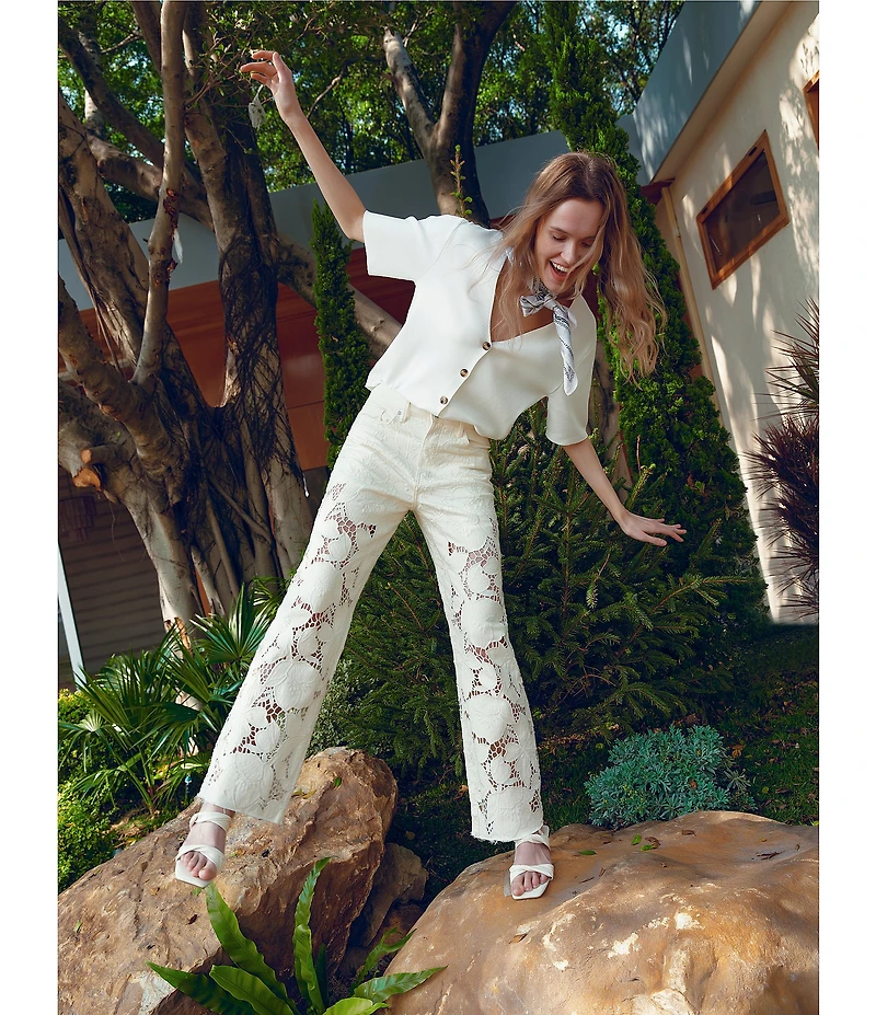 Bayeas Stretch Denim Lace High Rise Wide Leg Jeans