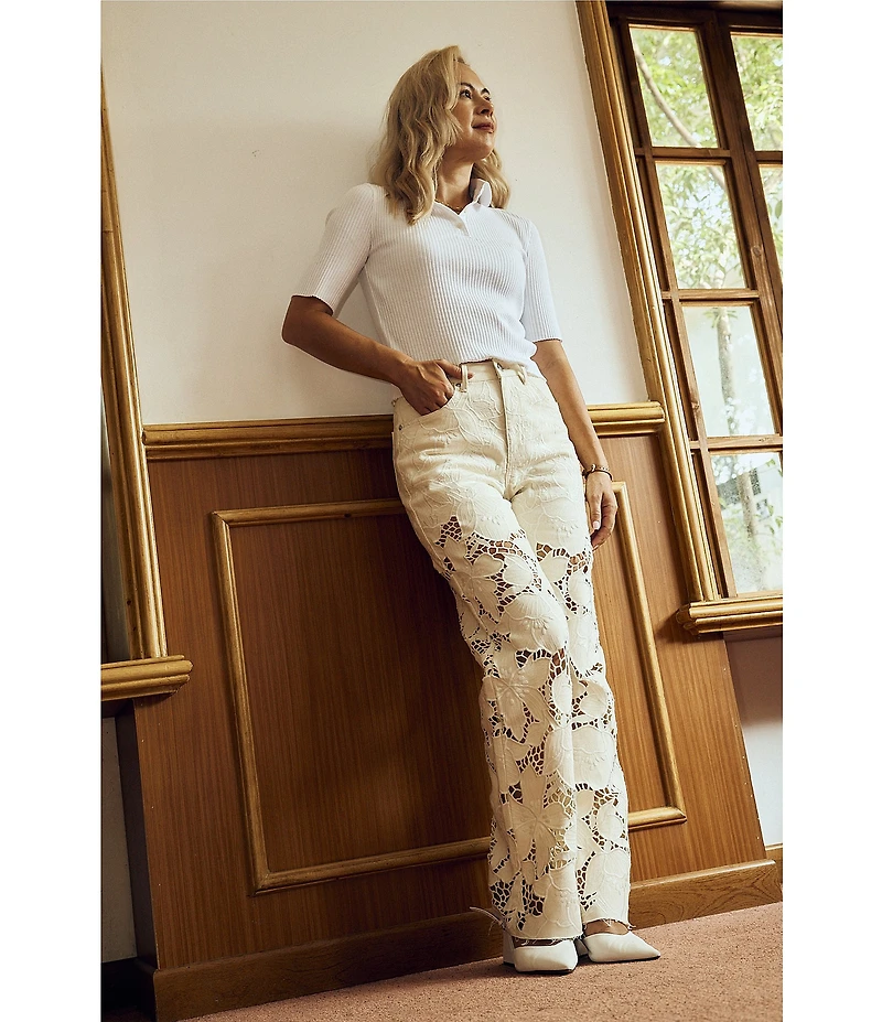 Bayeas Stretch Denim Lace High Rise Wide Leg Jeans