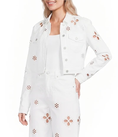 Bayeas Stretch Denim Point Collar Long Sleeve Pearl Embellished Cropped Jacket