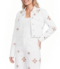 Bayeas Stretch Denim Point Collar Long Sleeve Pearl Embellished Cropped Jacket