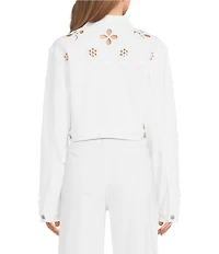 Bayeas Stretch Denim Point Collar Long Sleeve Pearl Embellished Cropped Jacket