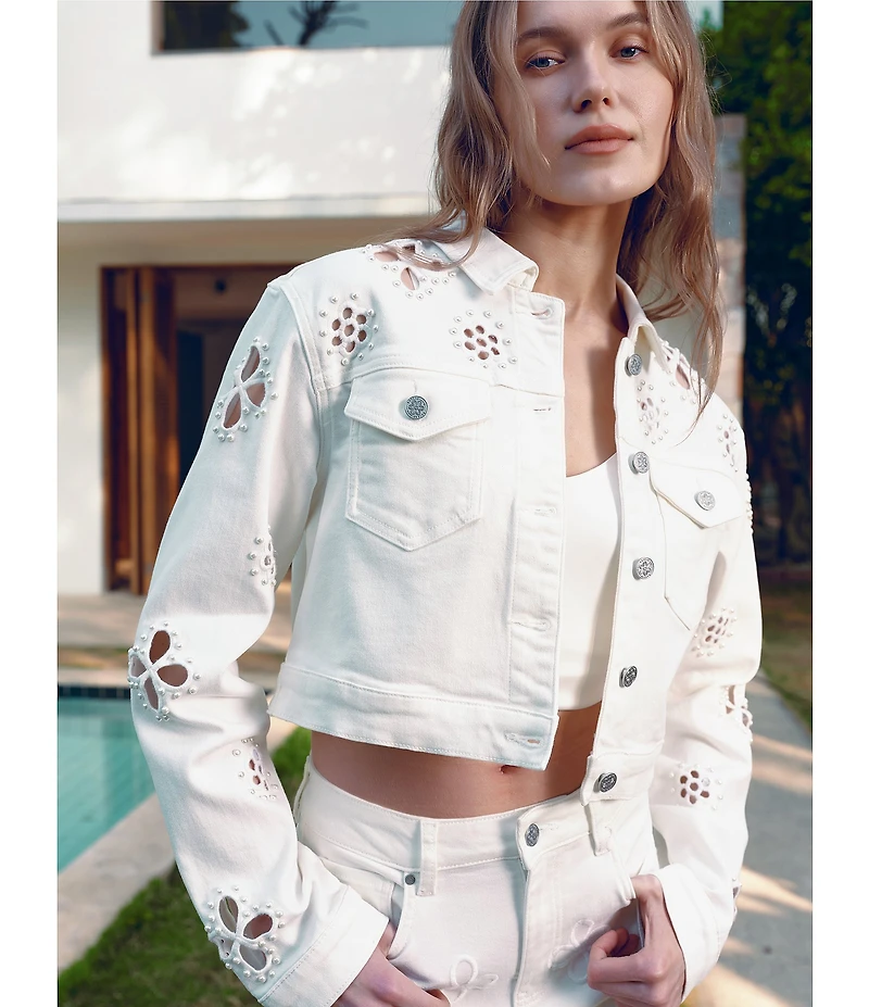 Bayeas Stretch Denim Point Collar Long Sleeve Pearl Embellished Cropped Jacket