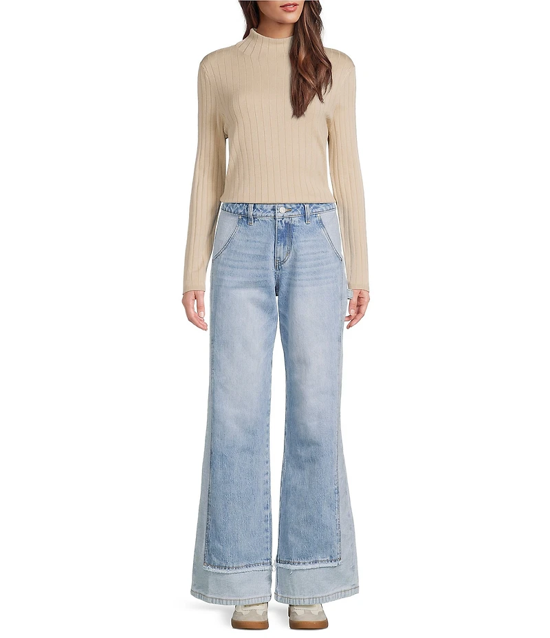 Bayeas Stretch Denim Two Tone Wide Leg Cuffed Hem Jeans