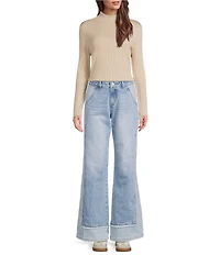 Bayeas Stretch Denim Two Tone Wide Leg Cuffed Hem Jeans