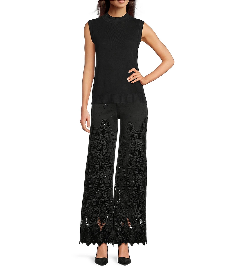 Bayeas Stretch Velvet Lace Sequin Embellished Wide Leg Jeans