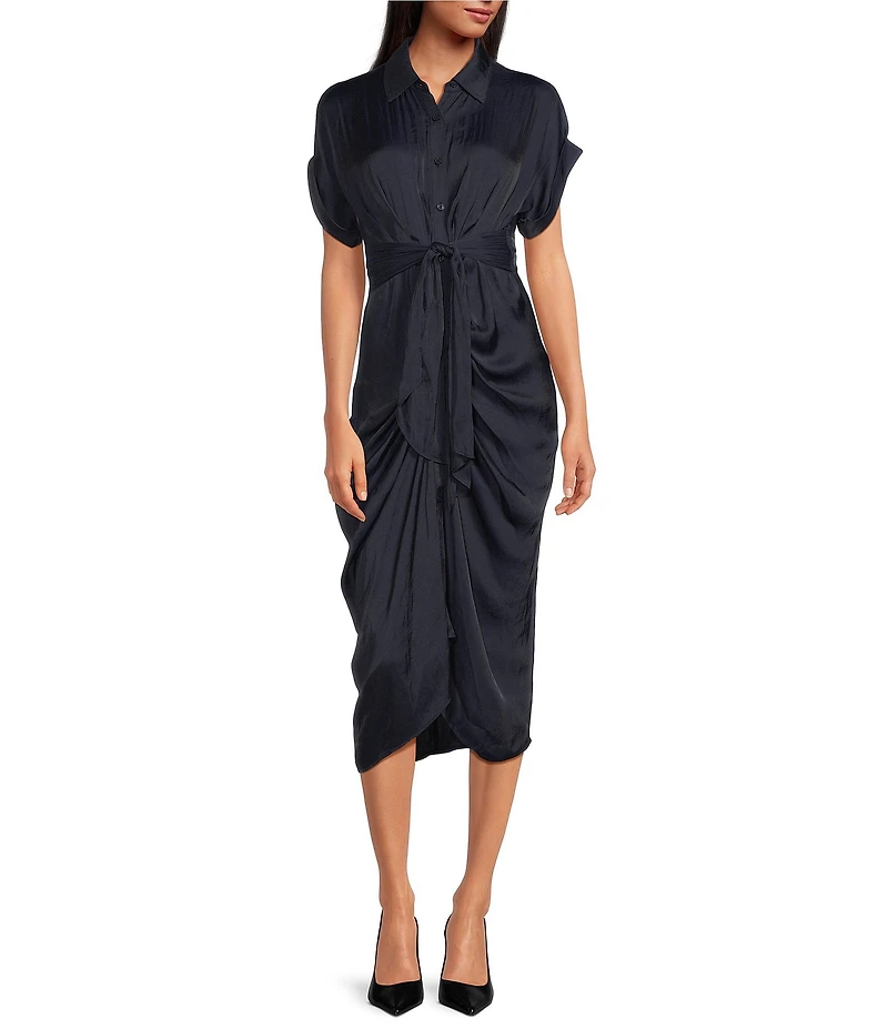Steve Madden Tori Satin Point Collar Short Kimono Cuff Sleeve Belted Ruched Front Asymmetrical Hem Midi Shirt Dress