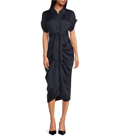 Steve Madden Tori Satin Point Collar Short Kimono Cuff Sleeve Belted Ruched Front Asymmetrical Hem Midi Shirt Dress