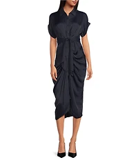 Steve Madden Tori Satin Point Collar Short Kimono Cuff Sleeve Belted Ruched Front Asymmetrical Hem Midi Shirt Dress