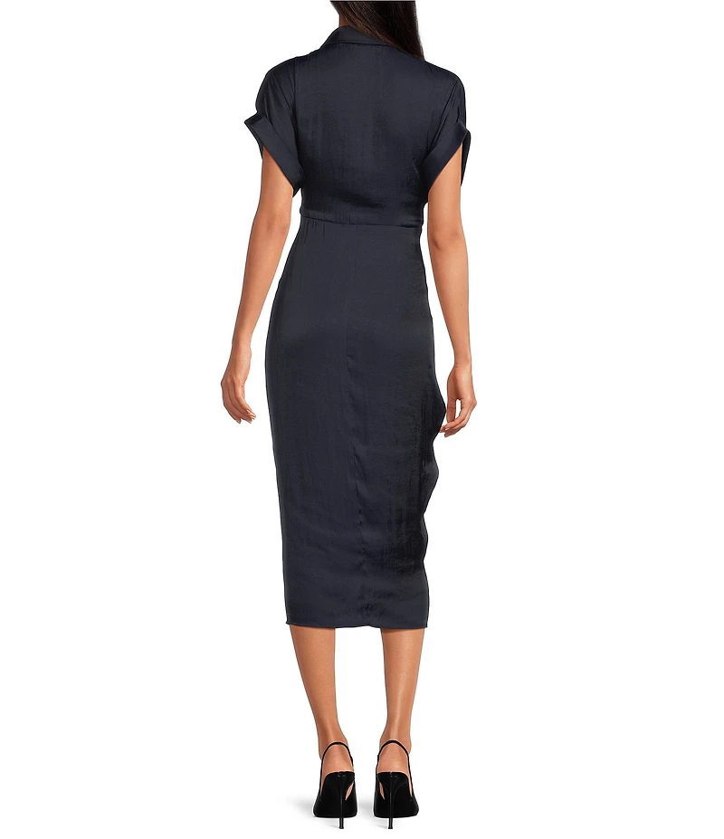 Steve Madden Tori Satin Point Collar Short Kimono Cuff Sleeve Belted Ruched Front Asymmetrical Hem Midi Shirt Dress