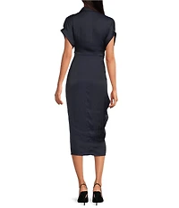 Steve Madden Tori Satin Point Collar Short Kimono Cuff Sleeve Belted Ruched Front Asymmetrical Hem Midi Shirt Dress