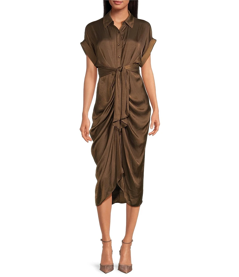 Steve Madden Tori Satin Point Collar Short Kimono Cuff Sleeve Belted Ruched Front Asymmetrical Hem Midi Shirt Dress