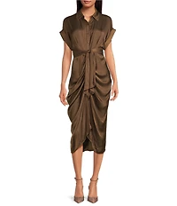 Steve Madden Tori Satin Point Collar Short Kimono Cuff Sleeve Belted Ruched Front Asymmetrical Hem Midi Shirt Dress