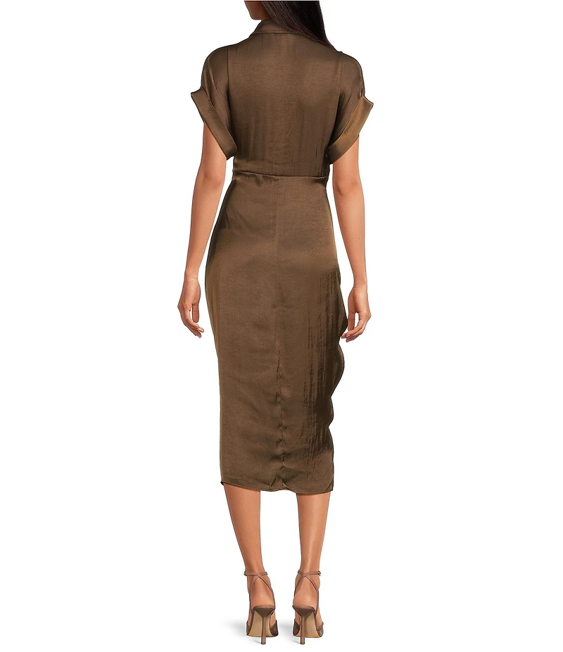 Steve Madden Tori Satin Point Collar Short Kimono Cuff Sleeve Belted Ruched Front Asymmetrical Hem Midi Shirt Dress