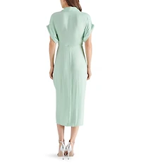 Steve Madden Tori Satin Point Collar Short Kimono Cuff Sleeve Belted Ruched Front Asymmetrical Hem Midi Shirt Dress
