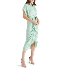 Steve Madden Tori Satin Point Collar Short Kimono Cuff Sleeve Belted Ruched Front Asymmetrical Hem Midi Shirt Dress
